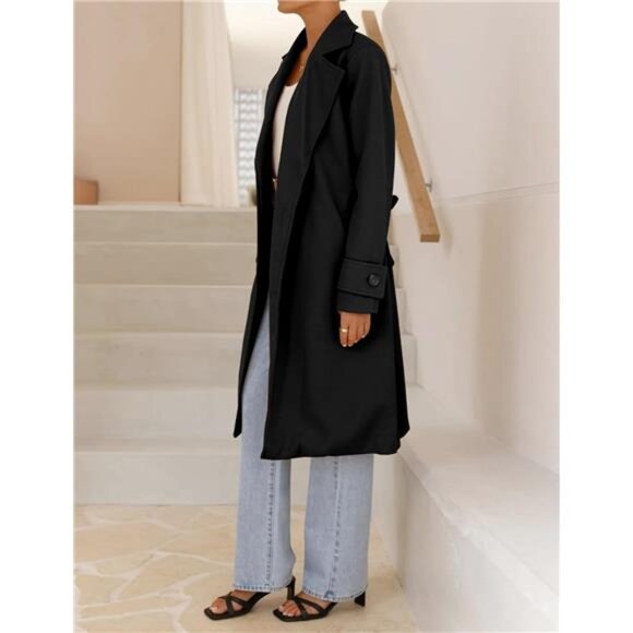 Womens Midi Length Trench Coat with Belt Black - Picture 3 of 4